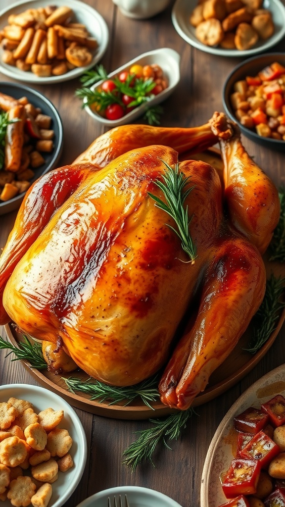 A golden-brown roasted turkey with herbs on a rustic table, surrounded by festive dishes.
